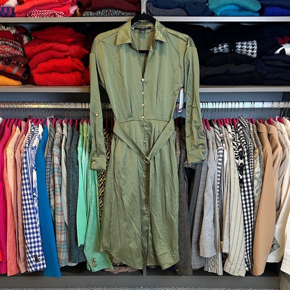 French Connection olive long roll tab sleeve belted elastic waist dress XS NWT - Picture 1 of 3